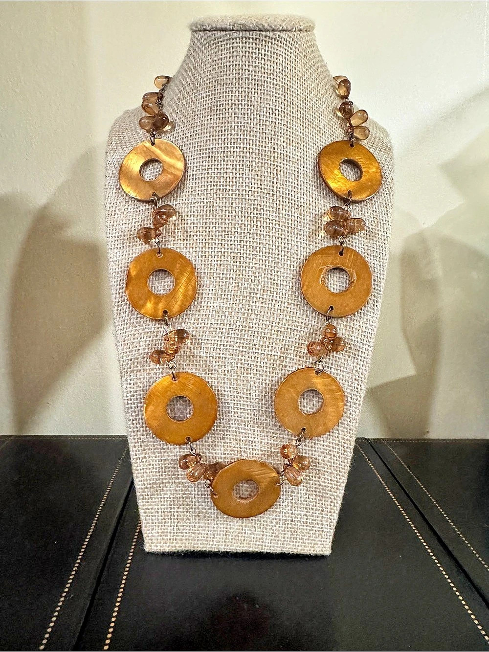 Mother of pearl  Disc Bead Necklace in Brown & Gold